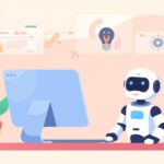 Friendly flat illustration style journalist desk with laptop floating text bubbles with headline ideas AI robot assistant next to computer pastel color palette modern vector illustration