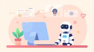 Cómo usar la inteligencia artificial (IA) para generar titulares más atractivos sin perder el rigor periodístico 19 Friendly flat illustration style journalist desk with laptop floating text bubbles with headline ideas AI robot assistant next to computer pastel color palette modern vector illustration