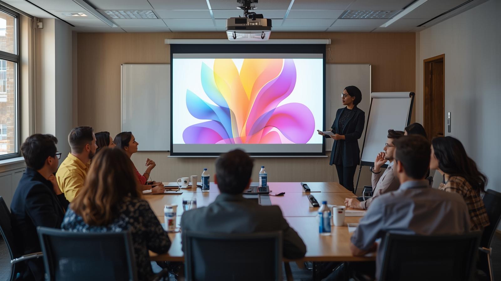 quiero una persona exponiendo en una pantalla con un proyector que se vea su presentacion pero que no haya texto y que este en una sala de reunones con gente escuchando