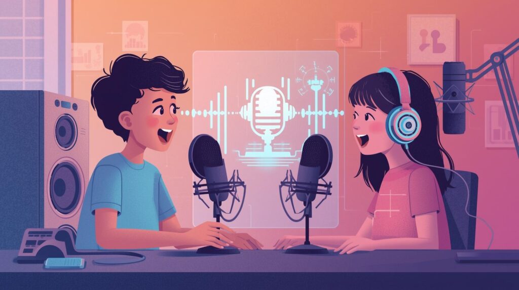 un chico y una chica creando un podcast y que en la imagen haya algun elemento que se relacione con la inteligencia artificial