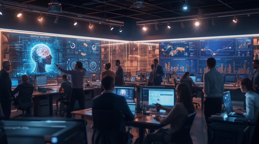 Cómo la inteligencia artificial (IA) está cambiando los perfiles profesionales en Comunicación 2 Redaccion periodistica moderna con periodistas y pantallas digitales mostrando inteligencia artificial datos y automatizacion. Ambiente profesional realista iluminacion suave enfoque editorial