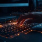 Human hand hovering over keyboard with abstract digital light lines symbolizing artificial intelligence modern workspace cinematic lighting realistic photography professional look