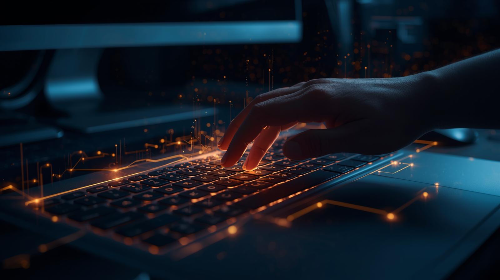 Human hand hovering over keyboard with abstract digital light lines symbolizing artificial intelligence modern workspace cinematic lighting realistic photography professional look