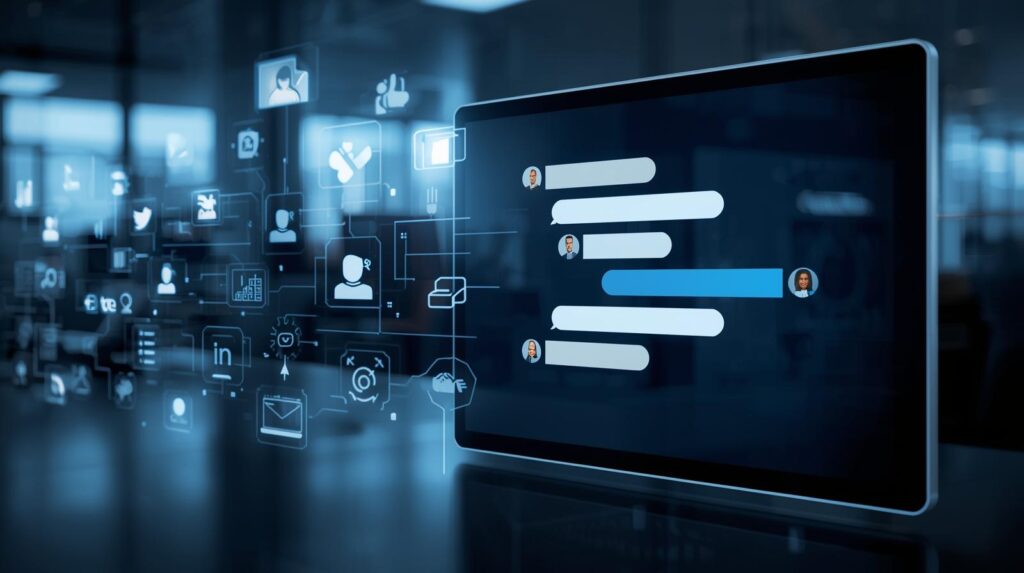 Pantalla mostrando chatbot de inteligencia artificial respondiendo a multiples usuarios iconos de mensajes y redes sociales alrededor oficina moderna estilo realista profesional y tecnologico