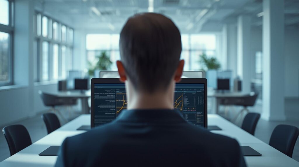 Persona revisando mensajes en portatil con interfaz de inteligencia artificial visible oficina luminosa diseno limpio estilo fotografico realista