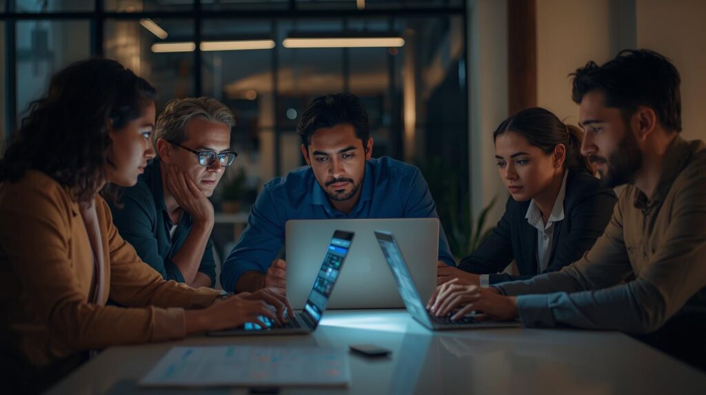Small media team collaborating around a table with laptops showing digital tools discussing content strategy modern office realistic professional photography