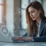 Young communication professional using laptop with AI tools modern office environment digital graphics and artificial intelligence icons realistic clean and professional editorial style