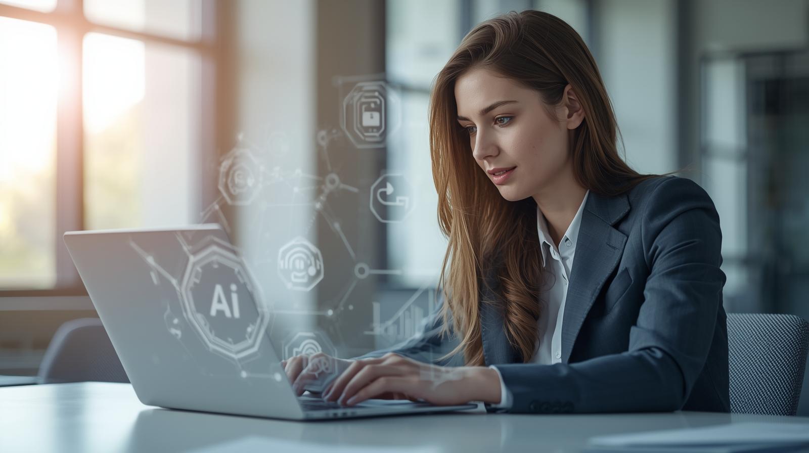 Young communication professional using laptop with AI tools modern office environment digital graphics and artificial intelligence icons realistic clean and professional editorial style