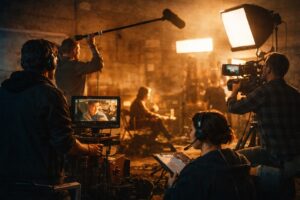 Simulador de producción audiovisual en un set de rodaje con equipo de cámara y microfonista