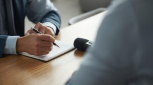 una persona entrevistando a otra con un cuaderno y una grabadora sobre la mesa