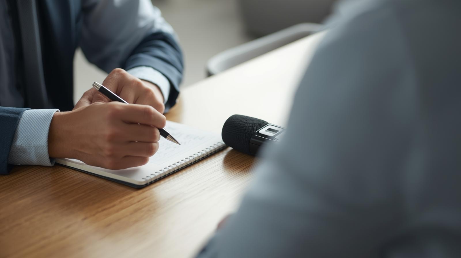 una persona entrevistando a otra con un cuaderno y una grabadora sobre la mesa