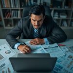 La diferencia entre usar IA y depender de la IA 7 Journalist comparing information on laptop with printed documents and open browser tabs serious expression modern workspace realistic photography professional lighting