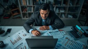 Journalist comparing information on laptop with printed documents and open browser tabs serious expression modern workspace realistic photography professional lighting