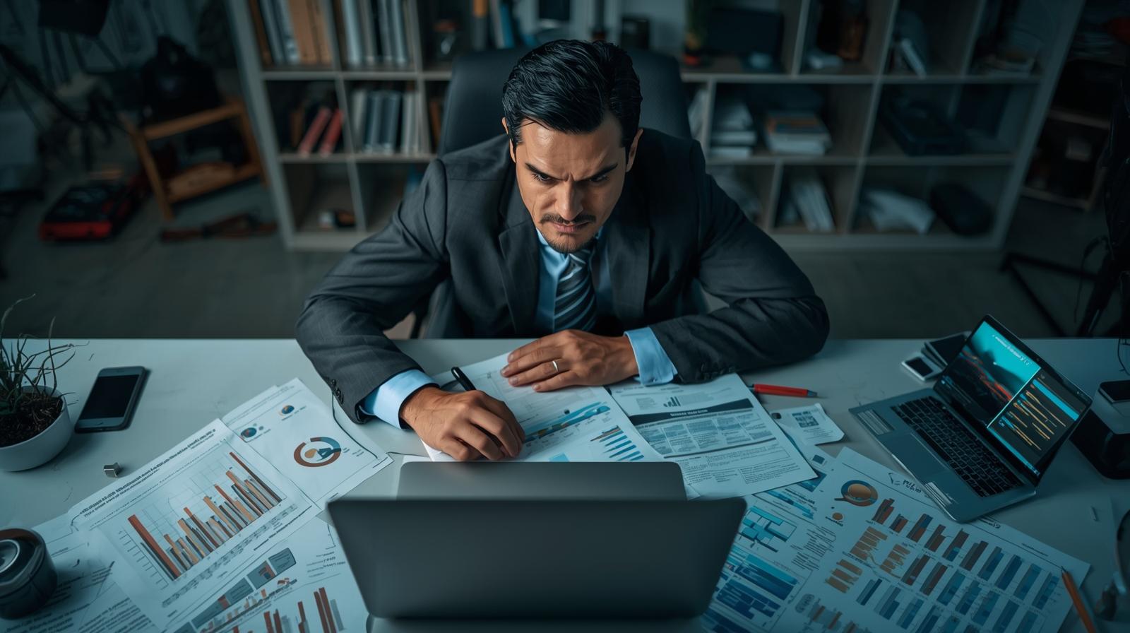 Journalist comparing information on laptop with printed documents and open browser tabs serious expression modern workspace realistic photography professional lighting